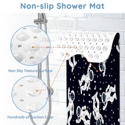 Bathtub Mats for Kids, Black Astronaut Bath Mat for Tub Non Slip, 40 X 16 Inch Large Washable Bathtub Mat Non Slip for Showers with Drain Holes and Suction Cups - color: Black Astronaut