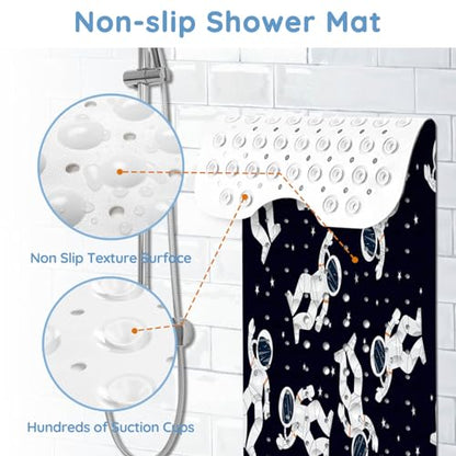 Bathtub Mats for Kids, Black Astronaut Bath Mat for Tub Non Slip, 40 X 16 Inch Large Washable Bathtub Mat Non Slip for Showers with Drain Holes and Suction Cups - color: Black Astronaut
