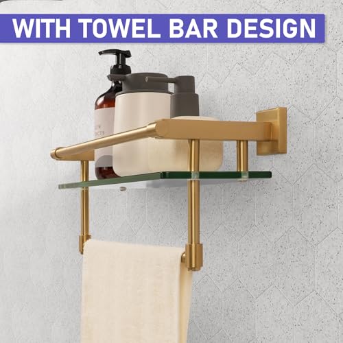 Bathroom Glass Shelf Brushed Gold Finish with Towel Rack, SUS304 Stainless Steel, 16-inch Tempered Glass Shelves for Wall - color: Brushed Gold, size: 16-inch with Railing