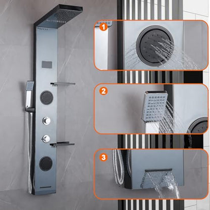 LED Black Shower Panels Tower System with Storage Shelf, LCD Temperature Display 304 Stainless Steel with Rainfall Shower Head with Handheld Massage Body Jets Bathroom Matte Waterfall Bathtub - color: Matte Black