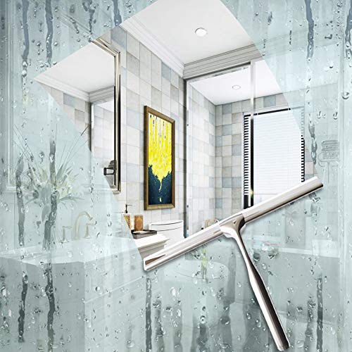 Shower Squeegees Stainless Steel with Self Adhesive Hook Window Squeegees for Shower Doors Bathroom Mirror Wiper, Window Glass Cleaning - size: 10 Inches