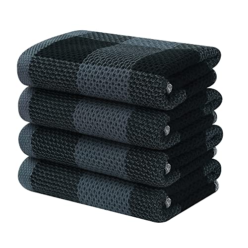 Homaxy 100% Cotton Plaid 4 Pack Kitchen Towels, 13" x 28", Black & Grey | Waffle Weave, Plaid, Super Soft and Absorbent Dish Towels, Quick Drying, Multi-Purpose - color: Black & Grey, size: 13 x 28 - 4 Pack