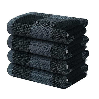 Homaxy 100% Cotton Plaid 4 Pack Kitchen Towels, 13" x 28", Black & Grey | Waffle Weave, Plaid, Super Soft and Absorbent Dish Towels, Quick Drying, Multi-Purpose - color: Black & Grey, size: 13 x 28 - 4 Pack