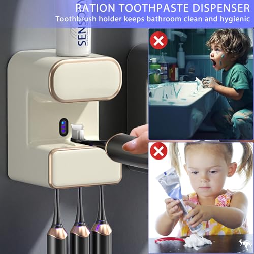Automatic Toothpaste Dispenser,Smart Toothpaste Dispenser Wall Mounted with 3 Toothpaste Slots,Electric Toothbrush Holder Toothpaste Squeezer for Adults and Kids (Beige) - color: Beige