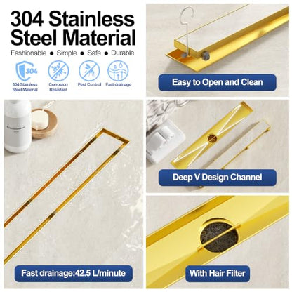 Neodrain 18-Inch Linear Shower Drain-Gold,with Tile Insert Grate | 304 Stainless Steel, Fast Drainage, Rectangle Shower Floor Drain with Leveling Feet & Hair Strainer, Fits Bathroom, Balcony - color: Gold, size: 18 IN