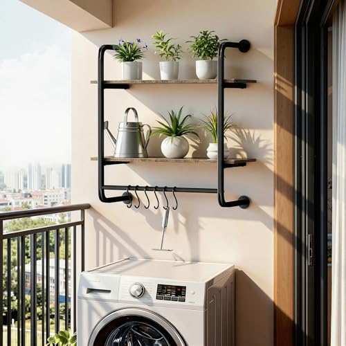 2 Tier Industrial Pipe Floating Shelf, 24" Kitchen Wall Shelves | with Towel Bar & 6 Hooks, Coffee Bar Shelves Display Bookshelf Wall Shelf for Kitchen, Bathroom, Home Décor, Rustic Brown - size: 24 Inch（2 Tier）