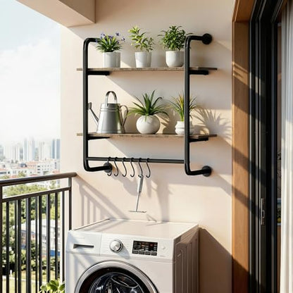 2 Tier Industrial Pipe Floating Shelf, 24" Kitchen Wall Shelves | with Towel Bar & 6 Hooks, Coffee Bar Shelves Display Bookshelf Wall Shelf for Kitchen, Bathroom, Home Décor, Rustic Brown - size: 24 Inch（2 Tier）