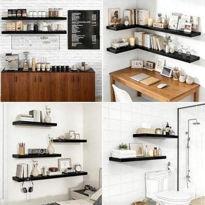 Wood Floating Shelves Floating Wall Shelves Set of 2, Wall Mounted Space Saving Display Rack, 50LBS Capacity Farmhouse Style for Home Bathroom Kitchen Office, 23.6" W×9.25" D×1.57" H, Black - color: Black, size: 23.6'W *9.25"D*1.57"H ,Set of 2
