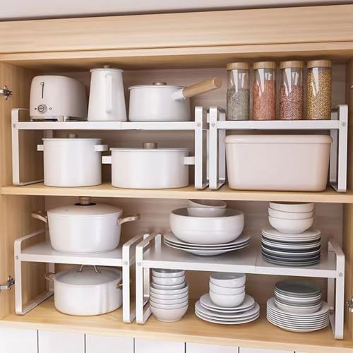 Expandable Cabinet Shelf, Lengths Adjustable Shelf Organizer Riser, Metal Space-Saving Cupboard Organizers for Kitchen Cabinet Pantry Cupboard Under Sink Countertop, White - color: White