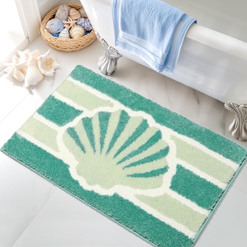 Tyrot Green Beach Bathroom Rugs Non Slip Washable Cute Coastal Bath Mats Rugs for Bathroom Floor Nautical Fluffy Plush Soft Absorbent Farmhouse Carpet for Shower, Tub, 20x32 inch - color: Sea Shell-green, size: 20 x 32 inches