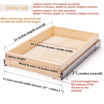 16”W x 21”D x 3‘’H Soft Close Slide Out Wood Drawer Organizer for Kitchen, Finished, (Cabinet Opening>17.5 inches for Bottom Assembly, Opening= 17 inches for Side Assembly) - size: 16''W x 21''D