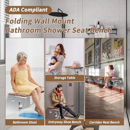 𝙐𝙥𝙜𝙧𝙖𝙙𝙚 15 Inch Folding Shower Seat Wall Mounted, Teak Wood Shower Seat with Stainless Steel Bracket & Finish Cap, 420lb Capacity, for Elderly, Disabled, Pregnant Women, Kids