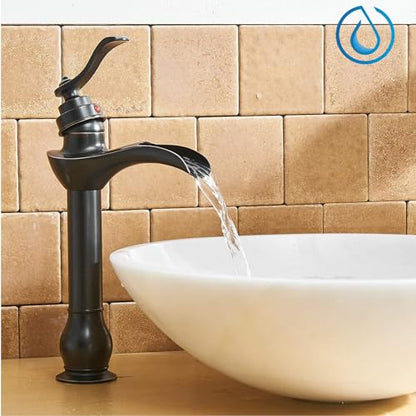 BWE Vessel Sink Faucet Oil Rubbed Bronze Tall Waterfall Bathroom Faucet | Bathroom Vanity Faucet with Pop Up Drain Assembly and Supply Hose Single Handle 1 Hole Lavatory Mixer Tap Tall Body - color: Oil Rubbed Bronze