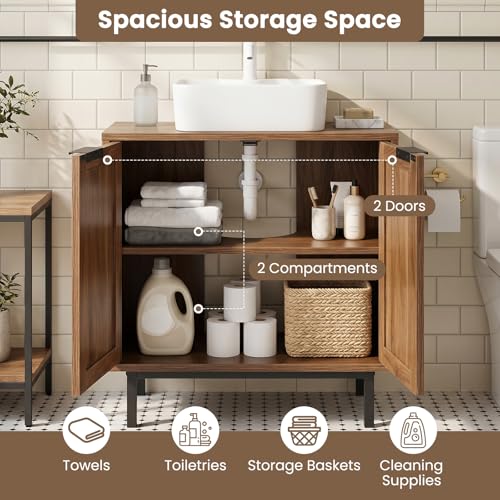 24-inch Pedestal Sink Storage Cabinet, Under Sink Cabinet (Brown) | U-Shaped Cut-Out | 2 Rattan Doors & Shelf | Solid Metal Legs - color: Brown