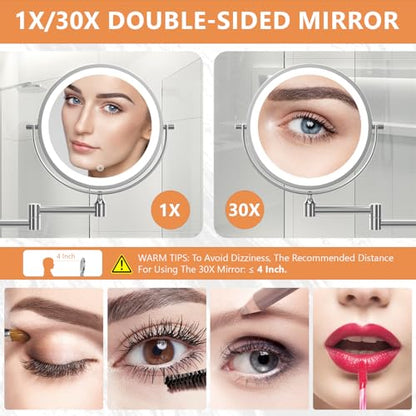 Auxmir 1X/30X Wall Mounted Makeup Mirror, 8" Rechargeable Magnifying Mirror | double-sided button, 3200mAh, 3 dimmable colors, 360° rotation, extended arm, 30X magnification, bathroom, chrome - color: 8'' 30x-chrome