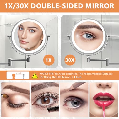 Auxmir 1X/30X Wall Mounted Makeup Mirror, 8" Rechargeable Magnifying Mirror | double-sided button, 3200mAh, 3 dimmable colors, 360° rotation, extended arm, 30X magnification, bathroom, chrome - color: 8'' 30x-chrome