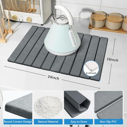 Large Stone Dish Drying Mat for Kitchen Counter, 24''x16'' Quick Dry Stone Dishes Mat, Foldable & Absorbent Diatomaceous Earth Dish Dryer Pad (Grey)