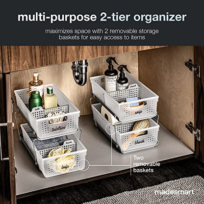 madesmart Two Tier Organizer with Dividers, Frost | pull out bins, tiered access, cleaning supplies, under sink use, pantry bottles, woman owned
