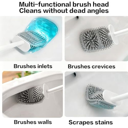 Silicone Toilet Brush Set with Corner Brush & Wall-Mounted Holder, No-Scratch Design with Drainage Holes, Adhesive Installation, White