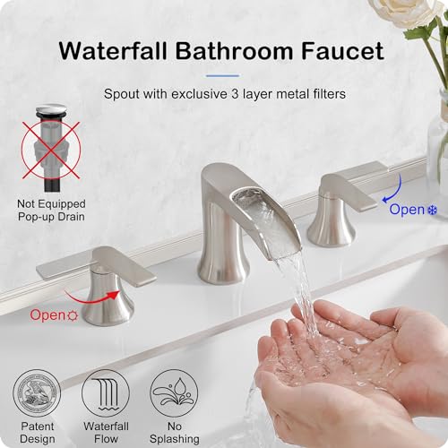 Brushed Nickel Waterfall Bathroom Faucet 3 Hole, 8-16 Inch Widespread 2 Handle Faucets for Bathroom Sinks Vanity Lavatory Sanitary Modern Restroom, Brass Material, NO Pop-up Drain - color: Brushed Nickel, style: NO Pop Up Drain