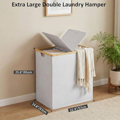 efluky Laundry Hamper with Lid, Double Laundry Basket with 2 Removable Bags, 2 Section Laundry Bin with Bamboo Handles for Bathroom, Bedroom & Laundry Room, 140L (36.9 Gallon) Light Grey - color: Light Grey, size: 140L Dual