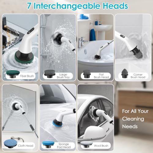 Electric Spin Scrubber for Bathroom,Power Cleaning Brush with 7 Replaceable Brush Heads, Adjustable Long Handle, Cordless Electric Shower Scrubber for Home, Floor, Kitchen & Car