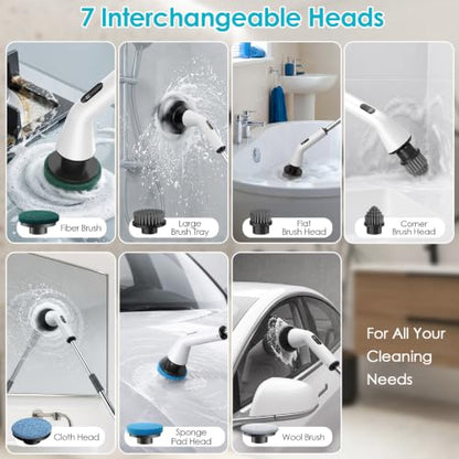 Electric Spin Scrubber for Bathroom,Power Cleaning Brush with 7 Replaceable Brush Heads, Adjustable Long Handle, Cordless Electric Shower Scrubber for Home, Floor, Kitchen & Car