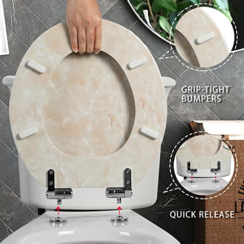 Angel Shield Marble Toilet Seat Durable Molded Wood with Quiet Close, Easy Clean, Quick-Release Hinges (Round, Beige Marble) - color: Beige-Round, size: Round-16.5“
