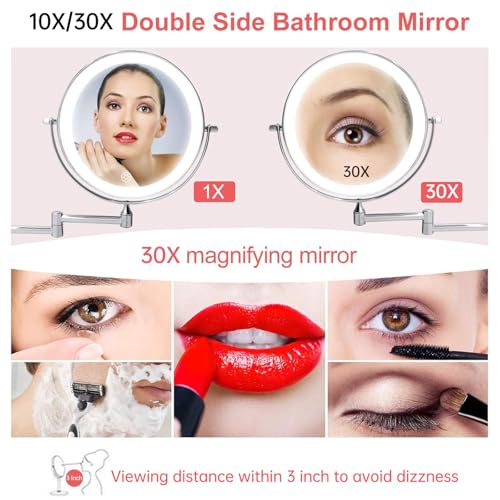 FUNTOUCH 5000mAh Rechargeable Wall Mounted Lighted Makeup Mirror 1X30X | Double Sided 1X 30X Magnifying, 3 Color Lighting, Touch Screen Dimming, Extended Arm 360 Rotation Shaving Bathroom Mirror - color: Silver