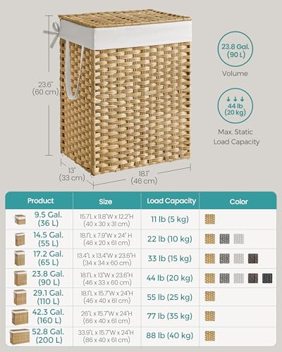 SONGMICS Laundry Hamper with Lid, 23.8 Gallon (90 L) Synthetic Rattan Clothes Laundry Basket with Lid and Handles, Foldable, Removable Liner, Goose Yellow ULCB51NL - color: Goose Yellow, size: 90 L
