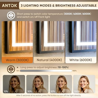 Antok 48X36 LED Bathroom Mirror with Lights, Vanity Mirror for Wall with Black Frame, Touch Control, Anti-Fog, Dimmable Lights, Shatter-Proof, Memory Function, Wall-Mounted Vanity Mirrors - size: 48"L x 36"W