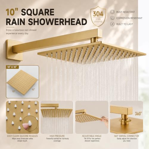 Gold Shower System with Tub Spout, All Metal Bathtub Shower Faucet Set with High Pressure 10 Inch Rain Shower Head and Handheld Shower Head Set, Brushed Gold (Valve Include) - color: Brushed Gold
