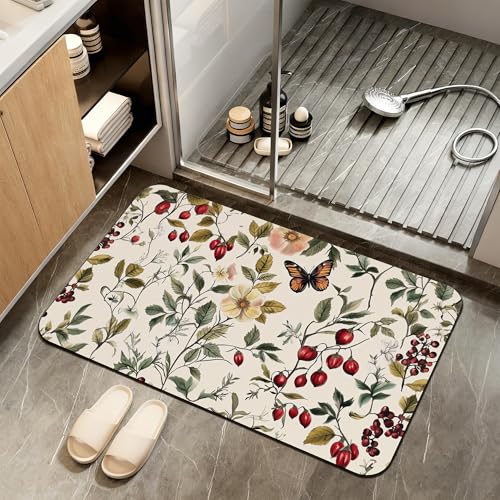 Vintage Flower Bath Mat,Butterfly Berry Diatomaceous Earth Bath Mat,Rubber Backing Quick Dry Absorbent Washable Bathroom Rugs for Tub Non Slip 17"x29.5" - color: Vintage Flower,butterfly Berry