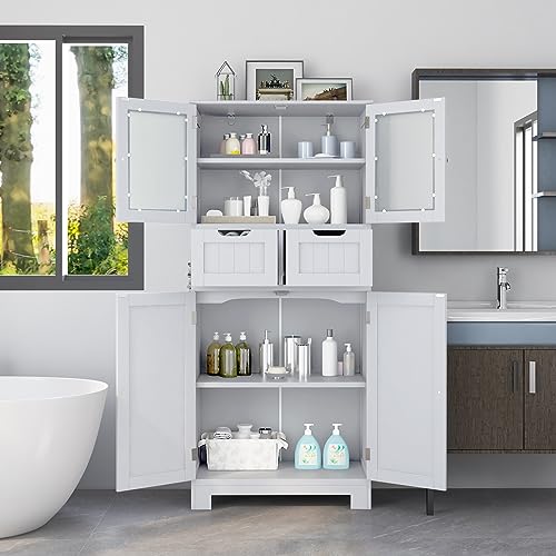 COSTWAY Tall Bathroom Storage Cabinet, Freestanding Storage Organizer with Glass Doors, 2 Drawers & 2 Adjustable Shelves, Wooden Linen Floor Cabinet for Bathroom, Living Room, Kitchen (White) | with Glass Doors, 2 Drawers & 2 Adjustable Shelves, Wooden Li