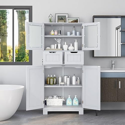 COSTWAY Tall Bathroom Storage Cabinet, Freestanding Storage Organizer with Glass Doors, 2 Drawers & 2 Adjustable Shelves, Wooden Linen Floor Cabinet for Bathroom, Living Room, Kitchen (White) | with Glass Doors, 2 Drawers & 2 Adjustable Shelves, Wooden Li