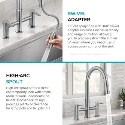 KRAUS Oletto Bridge Kitchen Faucet with Pull-Down Sprayhead in Spot-Free Antique Champagne Bronze, KPF-3122SFACB - color: Spot Free Antique Champagne Bronze, style: Bridge Faucet
