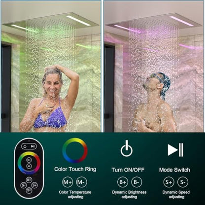 Digital Display Shower Faucet Set Dual Shower System | 14X20" LED Ceiling Shower & 6" Wall Mounted Shower Head & Dual Function Handheld Shower, Brushed Nickel - color: Brushed Nickel