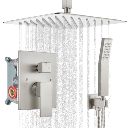 gotonovo Ceiling Shower System with Handheld Brushed Nickel,12 inch Head | Ceiling Mount Bathroom Shower Faucet Set,SUS304 Rainfall Head and Handle Set Combo,Brass Valve Trim Kit,All Metal - color: Nickel, size: 12 inch Head