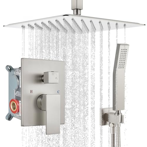 gotonovo Ceiling Shower System with Handheld Brushed Nickel,12 inch Head | Ceiling Mount Bathroom Shower Faucet Set,SUS304 Rainfall Head and Handle Set Combo,Brass Valve Trim Kit,All Metal - color: Nickel, size: 12 inch Head