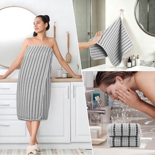 POLYTE 430 GSM Poly Blend Microfiber Quick Dry Waffle Bath Towel Set of 6 | 2-Body Towels, 2-Hand Towels, 2-Wash cloths, Oversize, Lint Free - color: Light Gray/Black