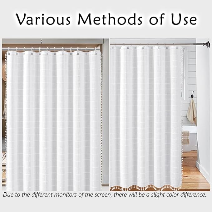 Farmhouse White Extra Long Shower Curtain - Boho Modern Linen Fabric Shower Curtains for Bathroom, XL Large Country Heavy Duty Thick Bathroom Curtain Set with Tassel - Bohemian Shower Curtain 71x83 - color: White, size: 71"W x 83"L (Pack of 1)