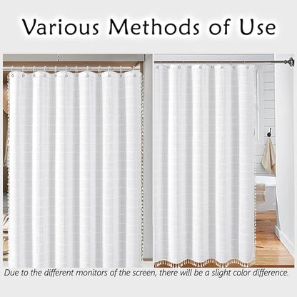 Farmhouse White Extra Long Shower Curtain - Boho Modern Linen Fabric Shower Curtains for Bathroom, XL Large Country Heavy Duty Thick Bathroom Curtain Set with Tassel - Bohemian Shower Curtain 71x83 - color: White, size: 71"W x 83"L (Pack of 1)