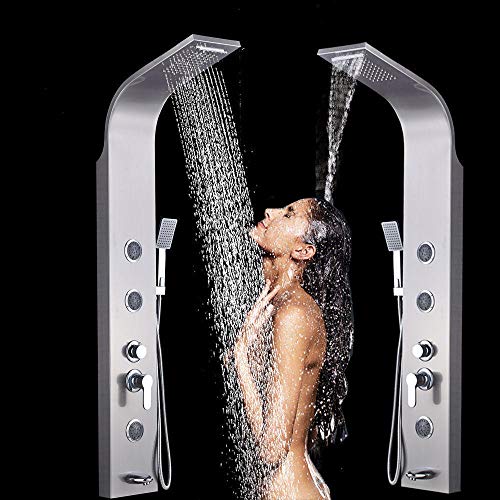 Brushed Nickel Bath Shower Panel Rainfall Waterfall Tower Shower Column with Body SPA Massage Jets Spray Nozzle Tub Faucet Spout