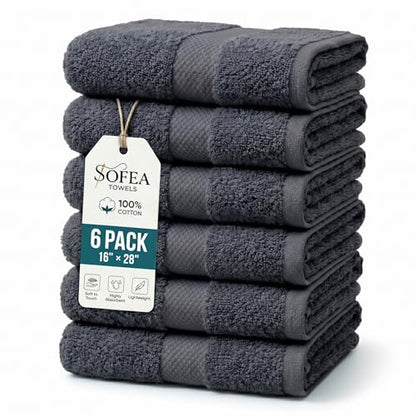 Sofea Hand Towels 6 Pack (16 x 28 Inches) 100% Cotton Bathroom Towels, Soft Absorbent Quick Dry Hand Towels for Bathroom Kitchen - color: Dark Grey