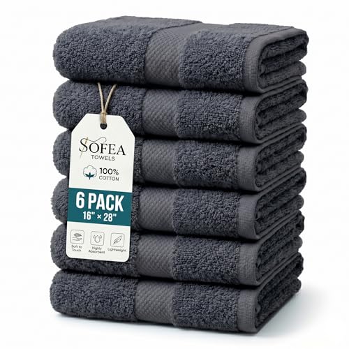 Sofea Hand Towels 6 Pack (16 x 28 Inches) 100% Cotton Bathroom Towels, Soft Absorbent Quick Dry Hand Towels for Bathroom Kitchen - color: Dark Grey