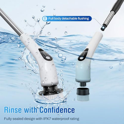 Electric Spin Scrubber, Cordless Cleaning Brush with 8 Replaceable Heads, Five-Speed Power Scrubber with Adjustable Handle for Bathroom, Tub, Floor, Tile & Car – Clean Without Bending