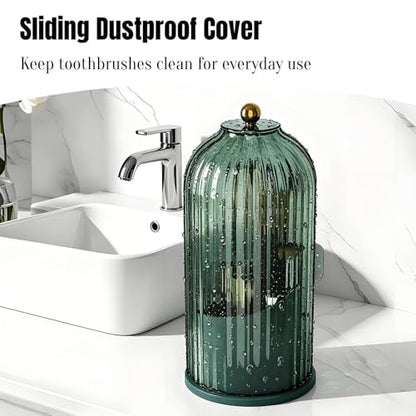 JEESA Dustproof Toothbrush Holder with Cover, All Green | 360° Rotating, 180° Sliding Lid, 3 Slots, Toothbrush Organizer, for Bathroom Countertop - color: All Green