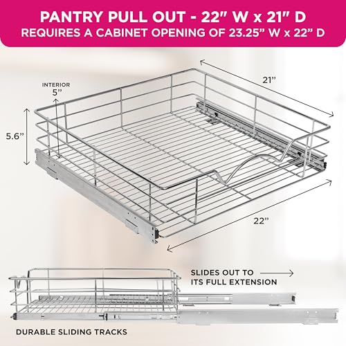 HOLDN’ STORAGE Pull Out Cabinet Organizer, Pantry Drawer, 22"W x 21"D x 5"H | Heavy-Duty Full-Extension, Roll Out Shelf for Pots, Pans & Under Sink Storage, Chrome, Require a 23.25"W Cabinet Opening - size: 22 Inch