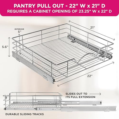 HOLDN’ STORAGE Pull Out Cabinet Organizer, Pantry Drawer, 22"W x 21"D x 5"H | Heavy-Duty Full-Extension, Roll Out Shelf for Pots, Pans & Under Sink Storage, Chrome, Require a 23.25"W Cabinet Opening - size: 22 Inch