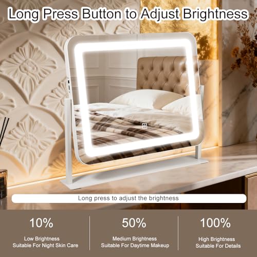 YEKKOPT 16"x20" Desk Makeup Vanity Mirror with Lights - Smart Touch Control, Dimmable Light (3 Modes), for Makeup Desk, Bedroom, Dressing Room - size: 16"L x 20"W
